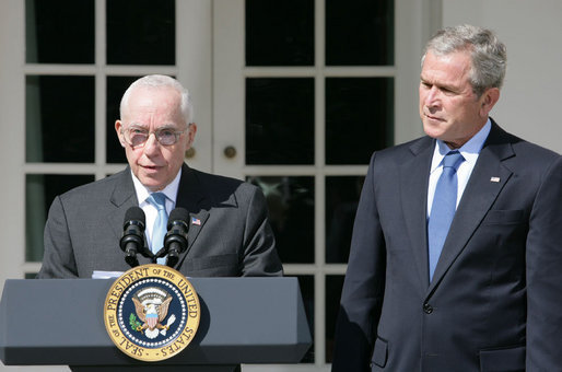 Description: President George W. Bush listens to remarks by Judge Michael Mukasey after announcing his nomination Monday, September 17, 2007, in the Rose Garden, to be the 81st Attorney General of the United States. White House photo by Chris Greenberg. This image is a work of an employee of the Executive Office of the President of the United States, taken or made during the course of the person's official duties. As a work of the U.S. federal government, the image is in the public domain.